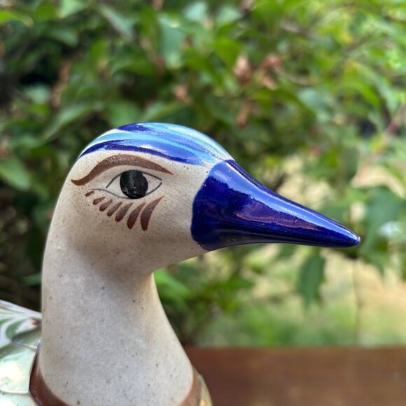 Vintage Mexican Tonala Duck Hand Painted Folk Art Bird with Solid Brass Overlay - Picture 10 of 13